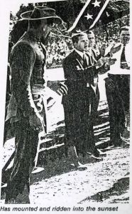 The Nathan Bedford Forrest mascot during one of its last appearances, on-field at an MTSU football game ceremony.