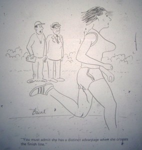 A cartoon from the January 1973 issue of Runner's World that captures the sentiment of the 1972 Johnson's Wax Crazylegs Mini-Marathon.