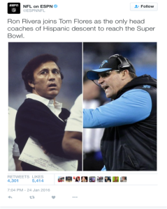 A Live NFL on ESPN tweet of Tom Flores (left) and Ron Rivera.  Photo Credit: https://twitter.com/ESPNNFL/status/691456682996686850/photo/1 